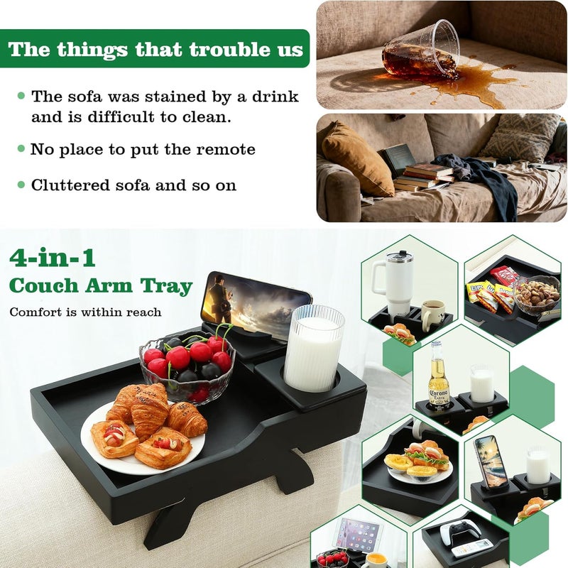 GHKINMAL Couch Cup Holder Tray, 15.4"x9.9" Large 4 in 1 Couch Arm Tray with 360°Rotated Phone Holder, Non-Slip Clip on Side Table for Drinks/Remote/Snacks, Ideal Gift for Husband, Wife, Parents - Image 2